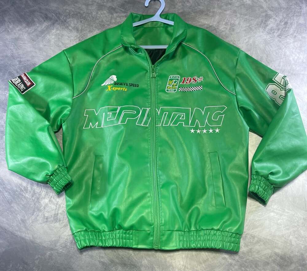 GUREITOJP Men's Green PU Leather Racing Bomber Jacket Size XXL
